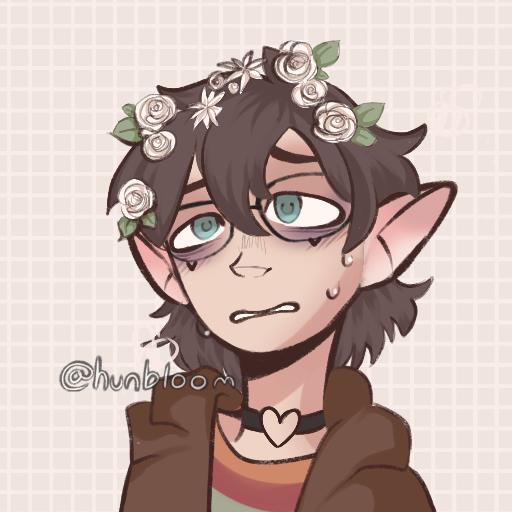 Cartoon imagining of myself as a fluffy-haired elf with a flower crown.